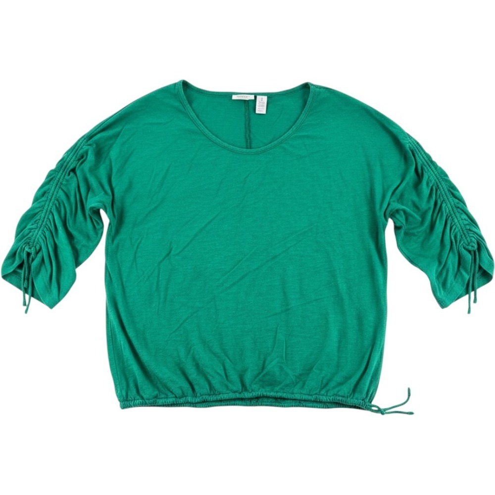 Chico's Top 1 Green Ruched Sleeve Drawstring Hem Cotton Modal Knit Tee